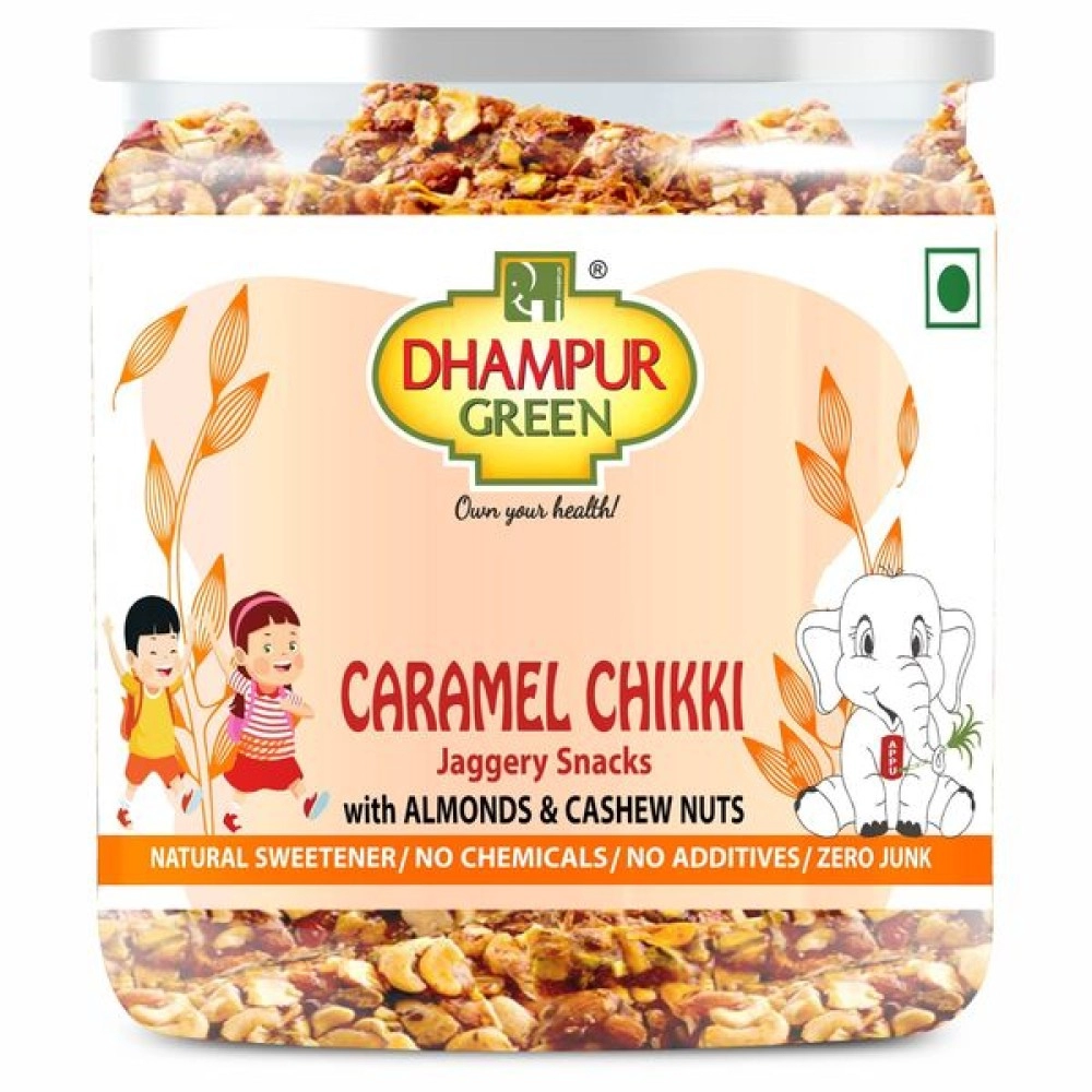Dhampur Green Caramel Chikki |  Jaggery Snacks Almond And  Cashew Nuts | 200 gm ( Pack of 2 )