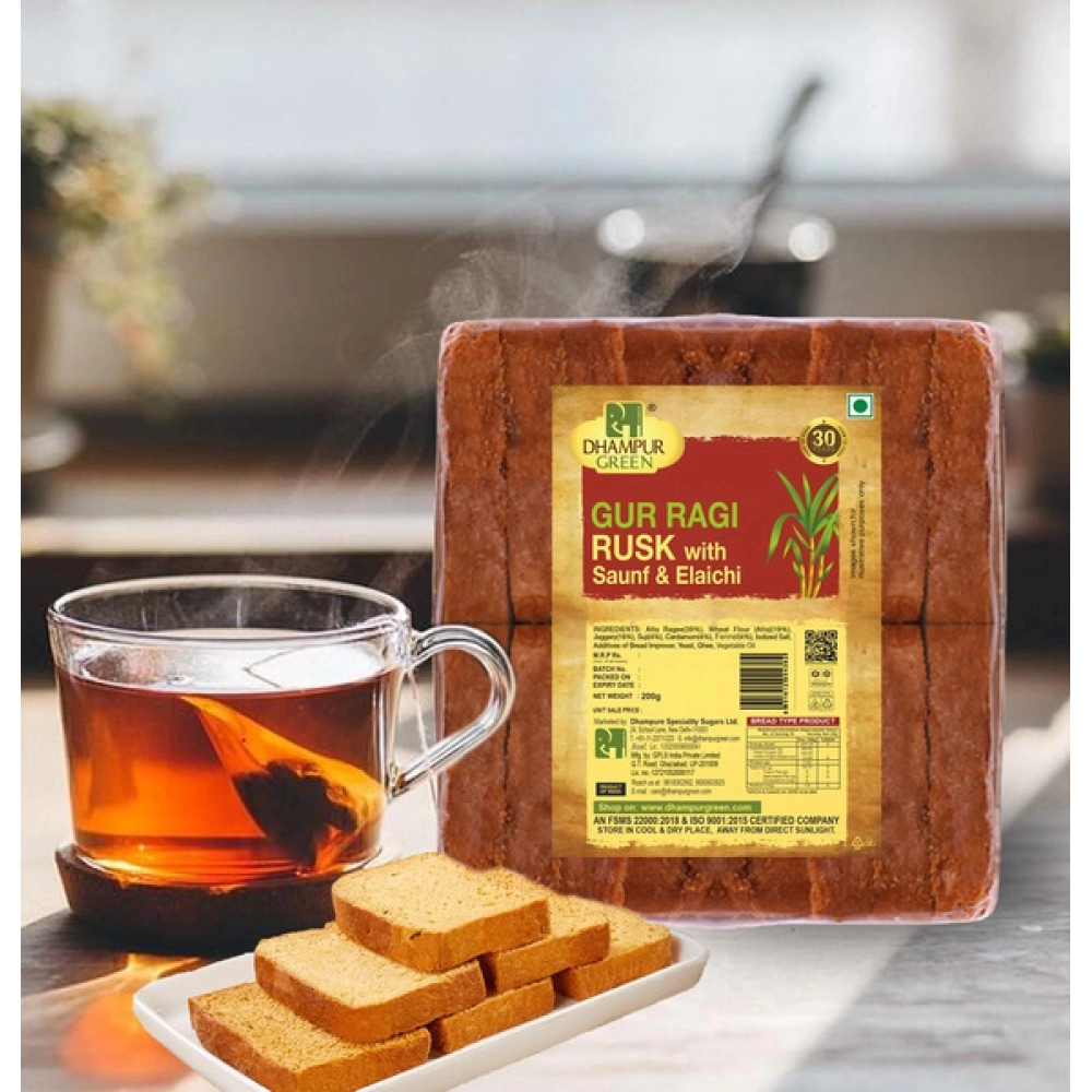 Dhampur Green|Gur Ragi Rusk with Saunf Elaichi 200 g (Pack of 2)
