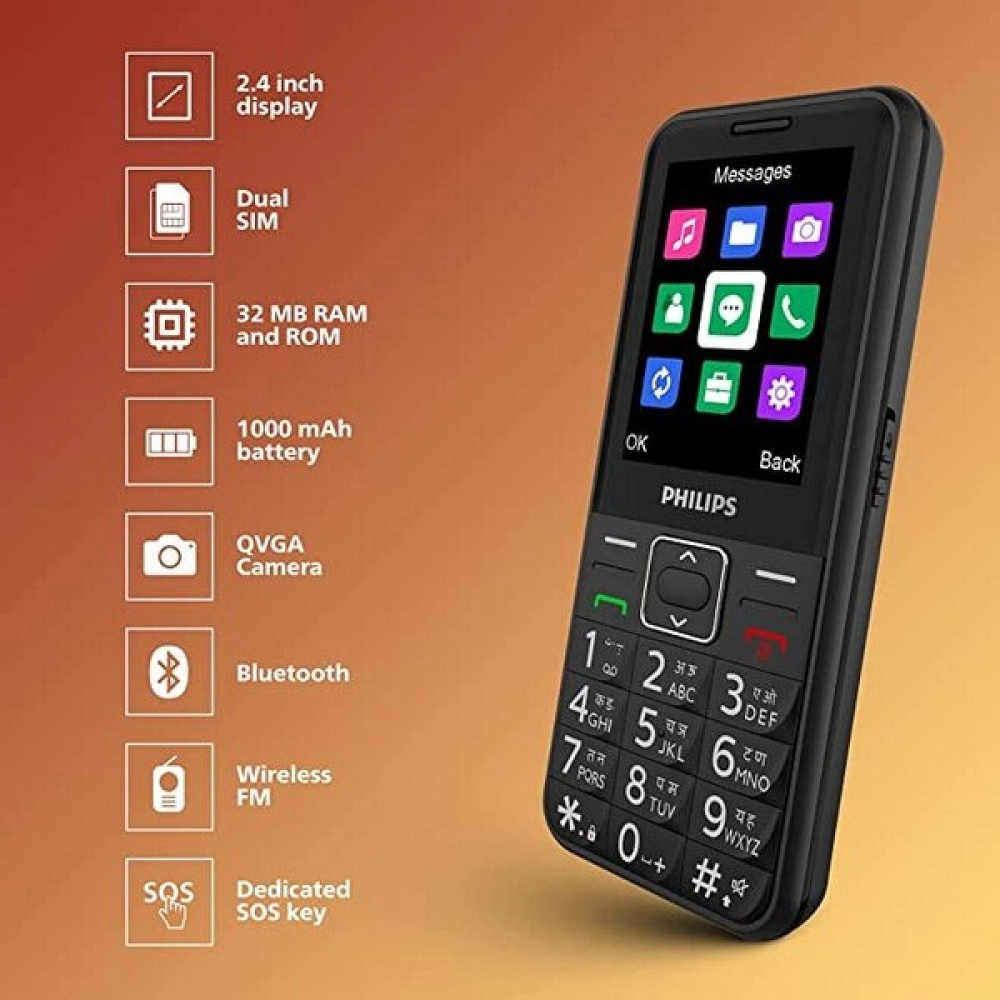 PHILIPS E209 Keypad Mobile | Basic Bar Phone With Dual SIM Card | 2.4 inch | Black