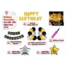 HK balloons Foil Happy Birthday Balloons LED Combo Set for Birthday Decoration Party Supplies with Fairly LED Lights - Gold, 57 Pieces