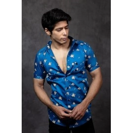 Men's Cotton Casual Printed Shirt | Blue