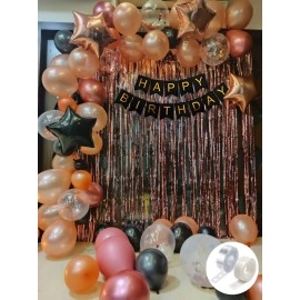 Party Propz Rubber Rose Gold Birthday Decorations Combo Black Banner With Confetti Balloons, Star Foil Balloons, Foil Curtain for 1st 18th 21st 25th 50th 60th 30th Decorations - Set of 68