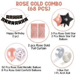 Party Propz Rubber Rose Gold Birthday Decorations Combo Black Banner With Confetti Balloons, Star Foil Balloons, Foil Curtain for 1st 18th 21st 25th 50th 60th 30th Decorations - Set of 68
