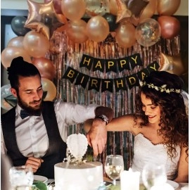 Party Propz Rubber Rose Gold Birthday Decorations Combo Black Banner With Confetti Balloons, Star Foil Balloons, Foil Curtain for 1st 18th 21st 25th 50th 60th 30th Decorations - Set of 68