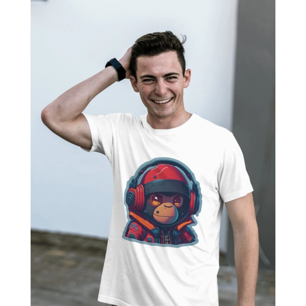 Astro Chimp | SABEZY ESSENTIALS Cotton Regular Men's T-Shirt | White