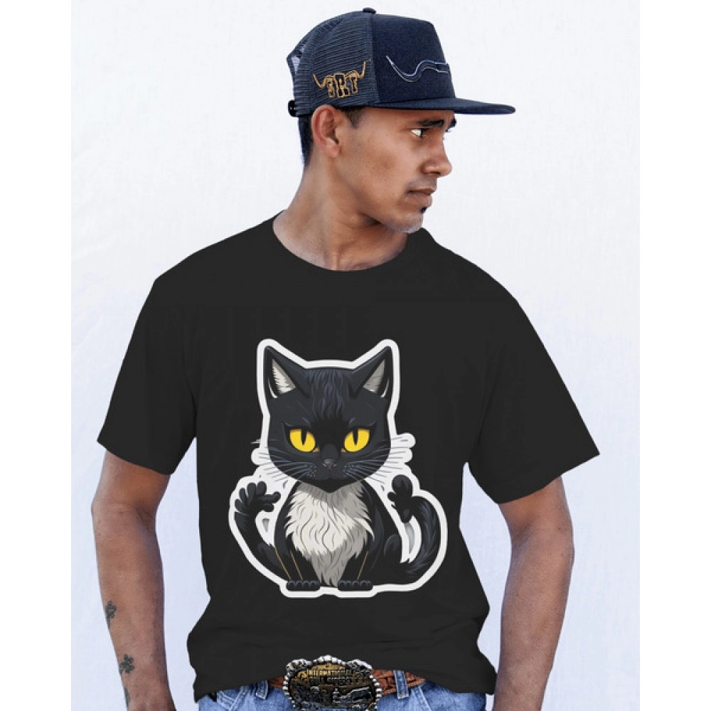 Black Cat | SABEZY ESSENTIALS Cotton Regular Men's T-Shirt | Black
