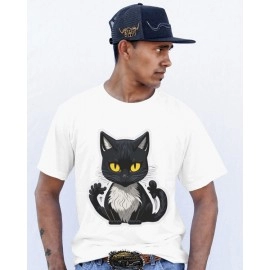 Black Cat | SABEZY ESSENTIALS Cotton Regular Men's T-Shirt | White