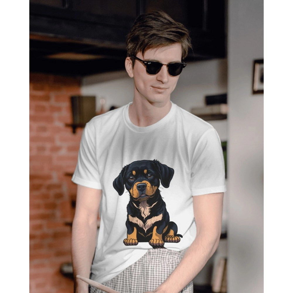 Black Dog Puppy | SABEZY ESSENTIALS Cotton Regular Men's T-Shirt | White