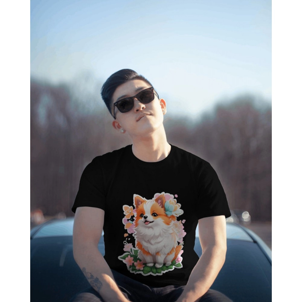 Cute Dog Puppy | SABEZY ESSENTIALS Cotton Regular Men's T-Shirt | Black