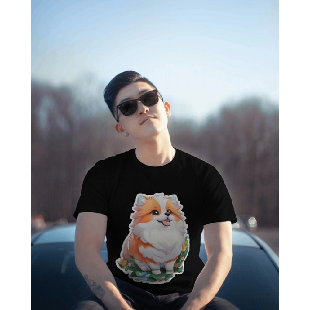 Dog White Puppy | SABEZY ESSENTIALS Cotton Regular Men's T-Shirt | Black