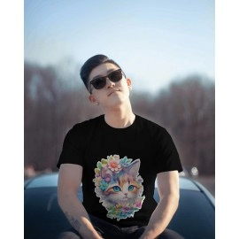Flower Kitty | SABEZY ESSENTIALS Cotton Regular Men's T-Shirt | Black