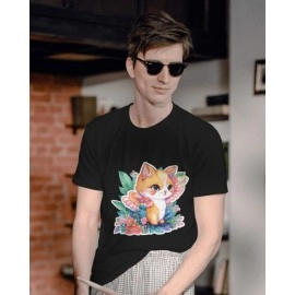 Flowery Kitten | SABEZY ESSENTIALS Cotton Regular Men's T-Shirt | Black