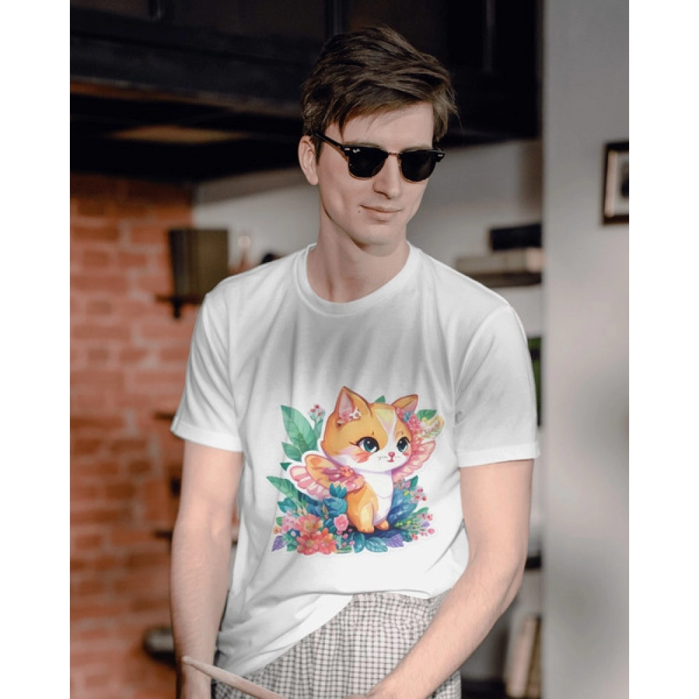 Flowery Kitten | SABEZY ESSENTIALS Cotton Regular Men's T-Shirt | White