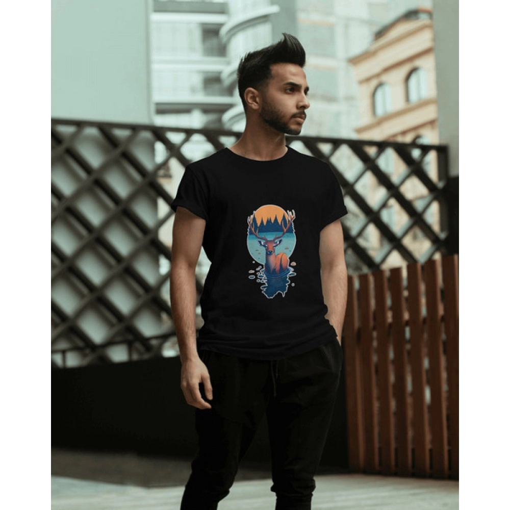 Mountain Deer | SABEZY ESSENTIALS Cotton Regular Men's T-Shirt | Black