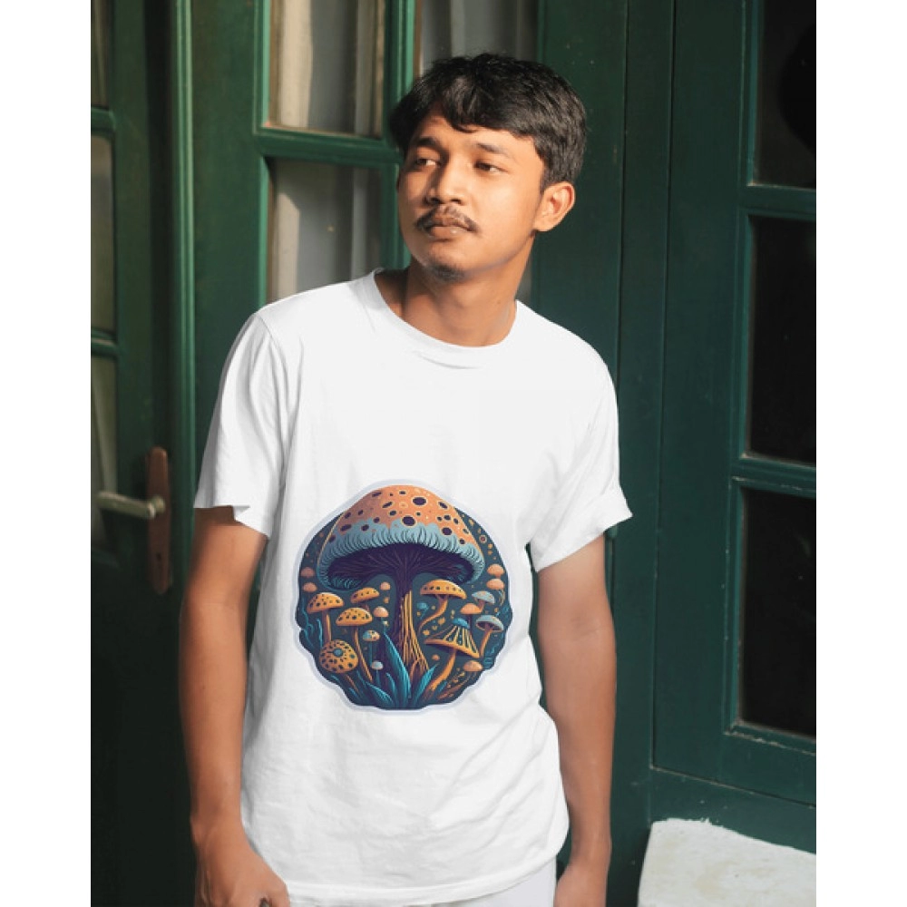 Wanderlust Mushrooms | SABEZY ESSENTIALS Cotton Regular Men's T-Shirt | White