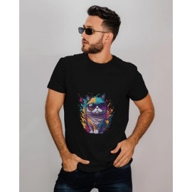 Cat Wearing Sunglasses | SABEZY ESSENTIALS Cotton Regular Men's T-Shirt | Black