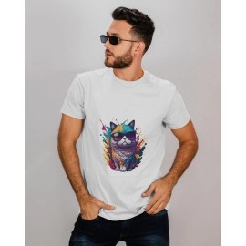 Cat Wearing Sunglasses | SABEZY ESSENTIALS Cotton Regular Men's T-Shirt | White