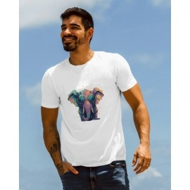 Colourful Elephant |  SABEZY ESSENTIALS Cotton Regular Men's T-Shirt | White