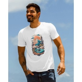 Colourful Mountains | SABEZY ESSENTIALS Cotton Regular Men's T-Shirt | White