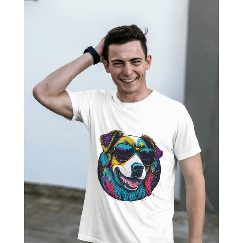 Happy Dog | SABEZY ESSENTIALS Cotton Regular Men's T-Shirt | White