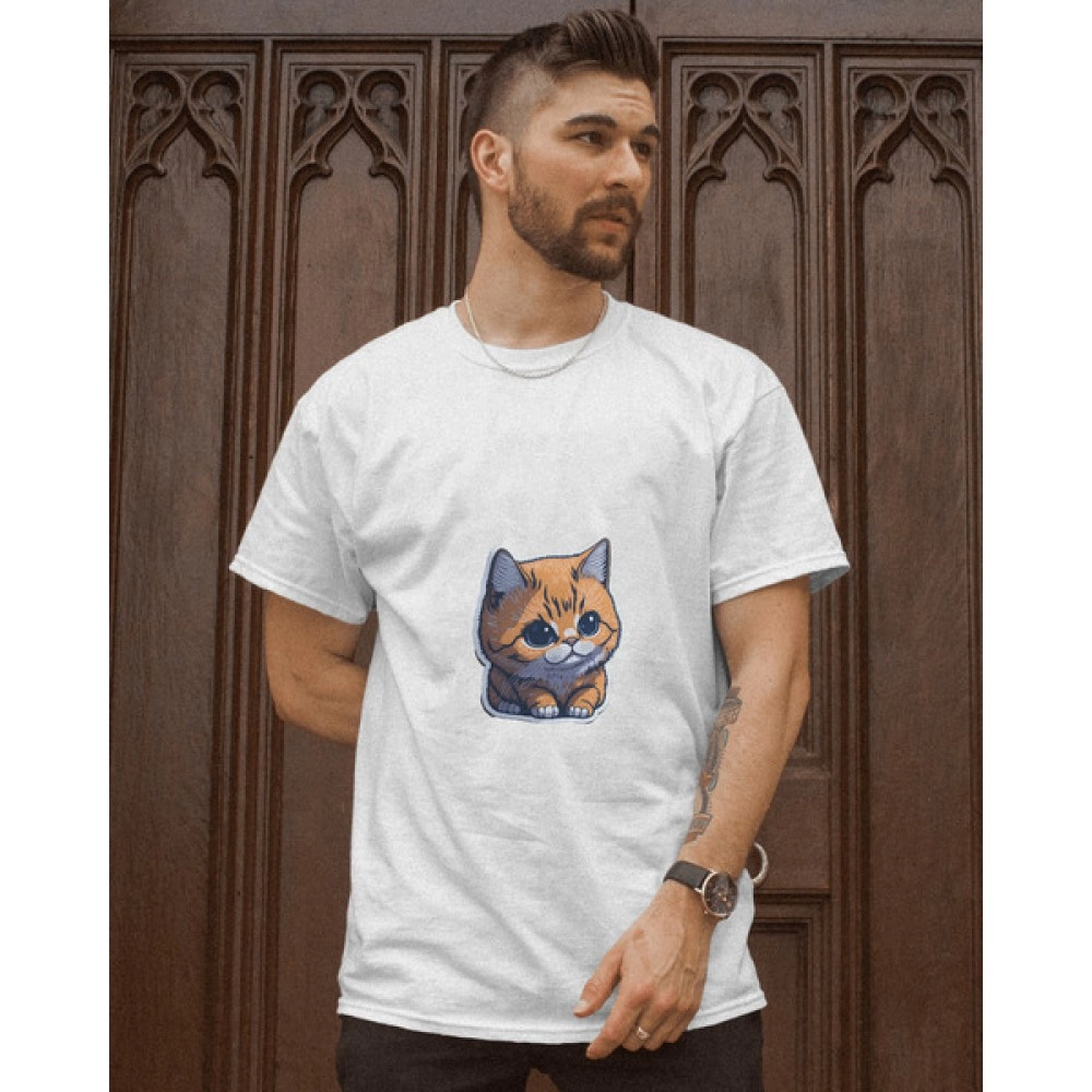 Mini Cat | SABEZY ESSENTIALS Cotton Regular Men's T-Shirt | White