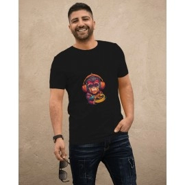 Monkey Wearing Headphones | SABEZY ESSENTIALS Cotton Regular Men's T-Shirt | Black