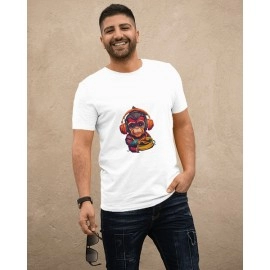 Monkey Wearing Headphones | SABEZY ESSENTIALS Cotton Regular Men's T-Shirt | White