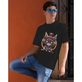 Ninja Cat | SABEZY ESSENTIALS Cotton Regular Men's T-Shirt | Black
