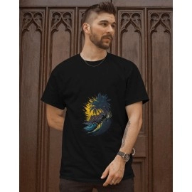 Ocean Waves And Palm Tree | SABEZY ESSENTIALS Cotton Regular Men's T-Shirt | Black