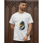 Ocean Waves And Palm Tree | SABEZY ESSENTIALS Cotton Regular Men's T-Shirt | White
