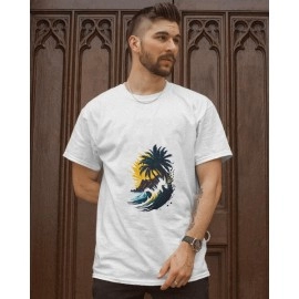 Ocean Waves And Palm Tree | SABEZY ESSENTIALS Cotton Regular Men's T-Shirt | White