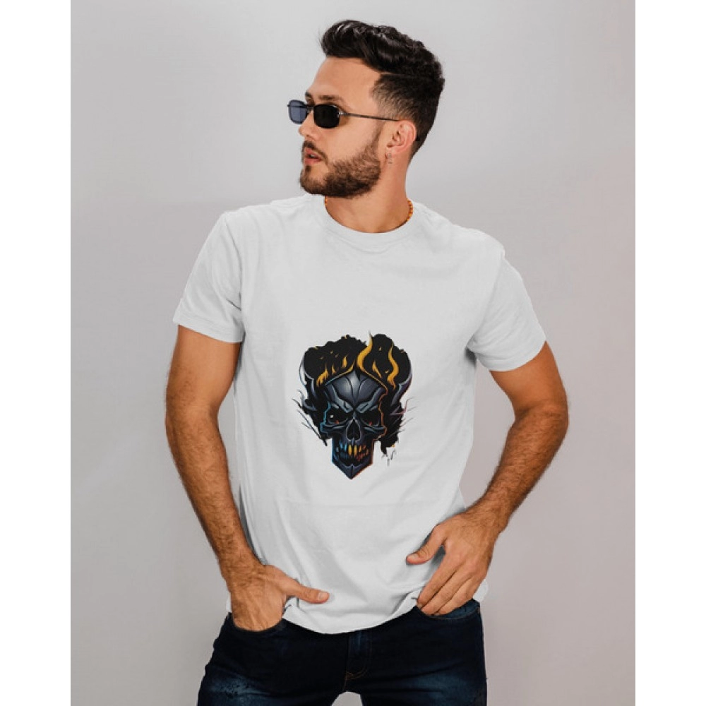 Skull Fire | SABEZY ESSENTIALS Cotton Regular Men's T-Shirt | White