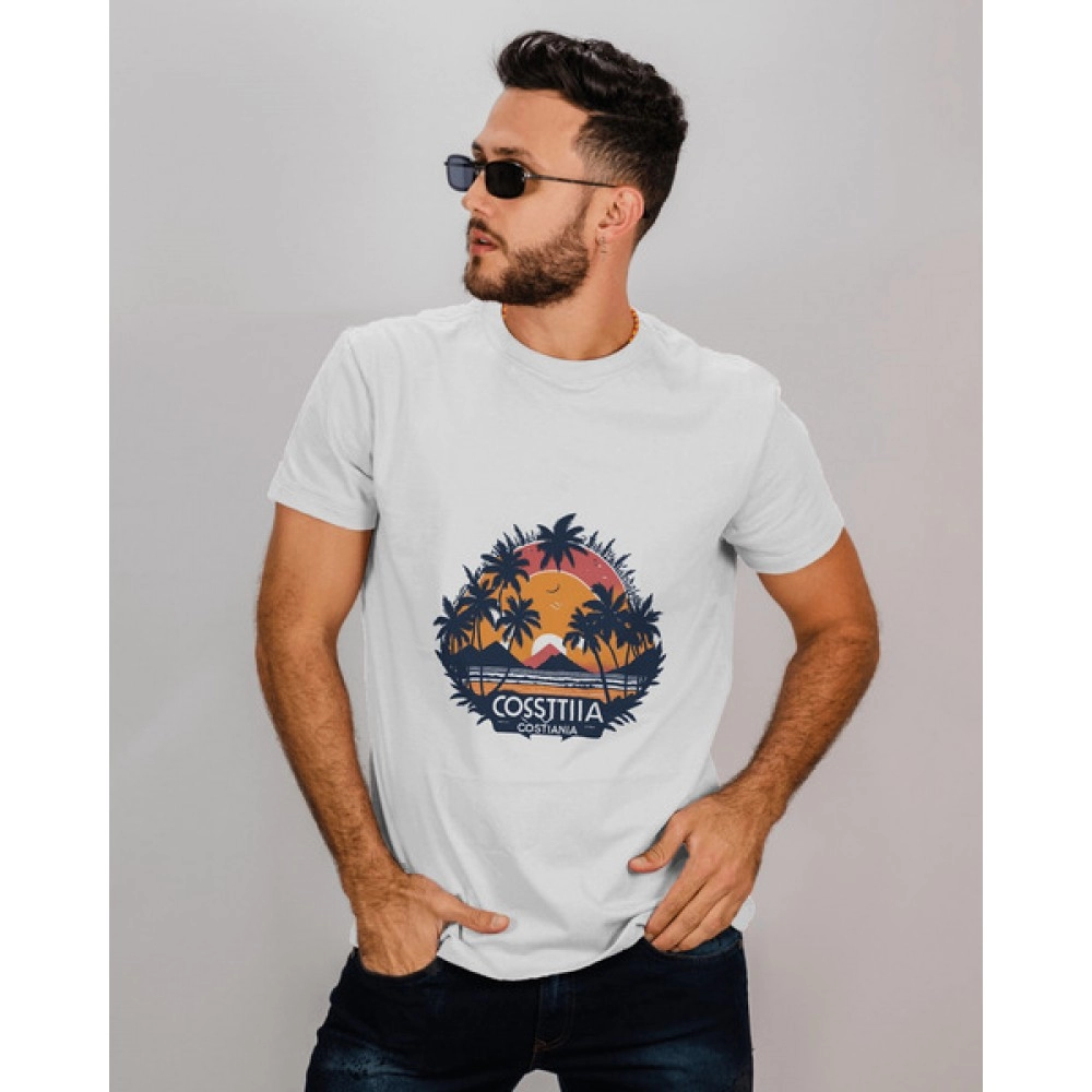 Sunset Beach | SABEZY ESSENTIALS Cotton Regular Men's T-Shirt | White