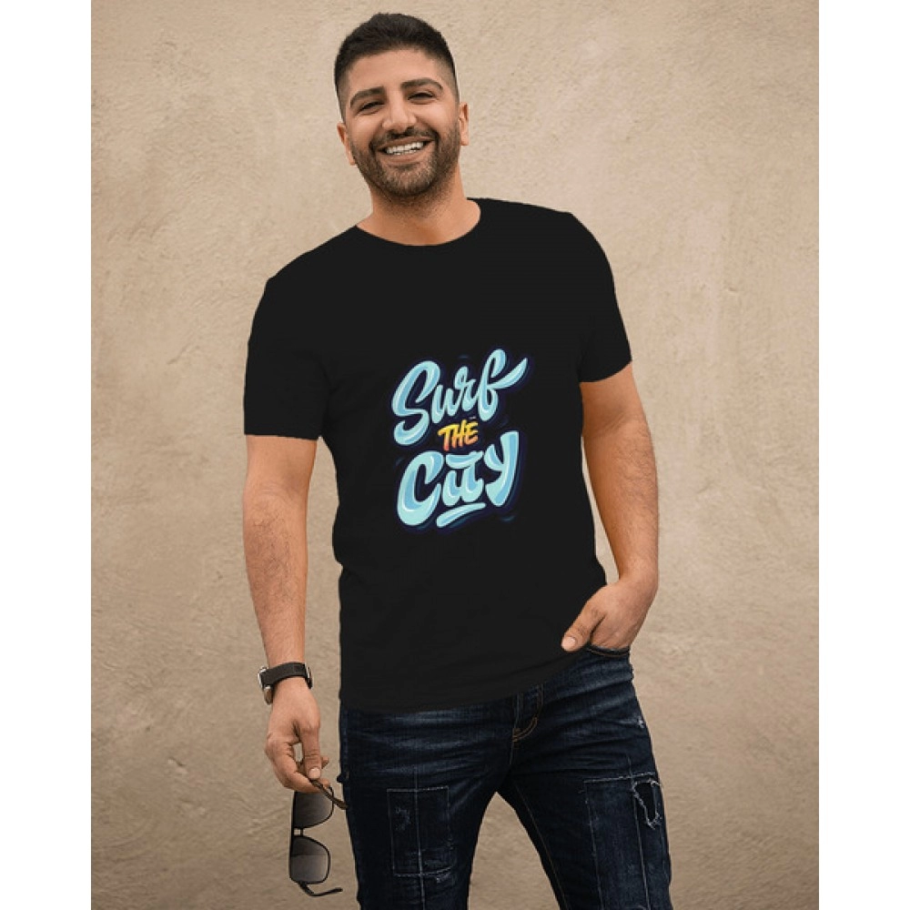 Surf The City | SABEZY ESSENTIALS Cotton Regular Men's T-Shirt | Black