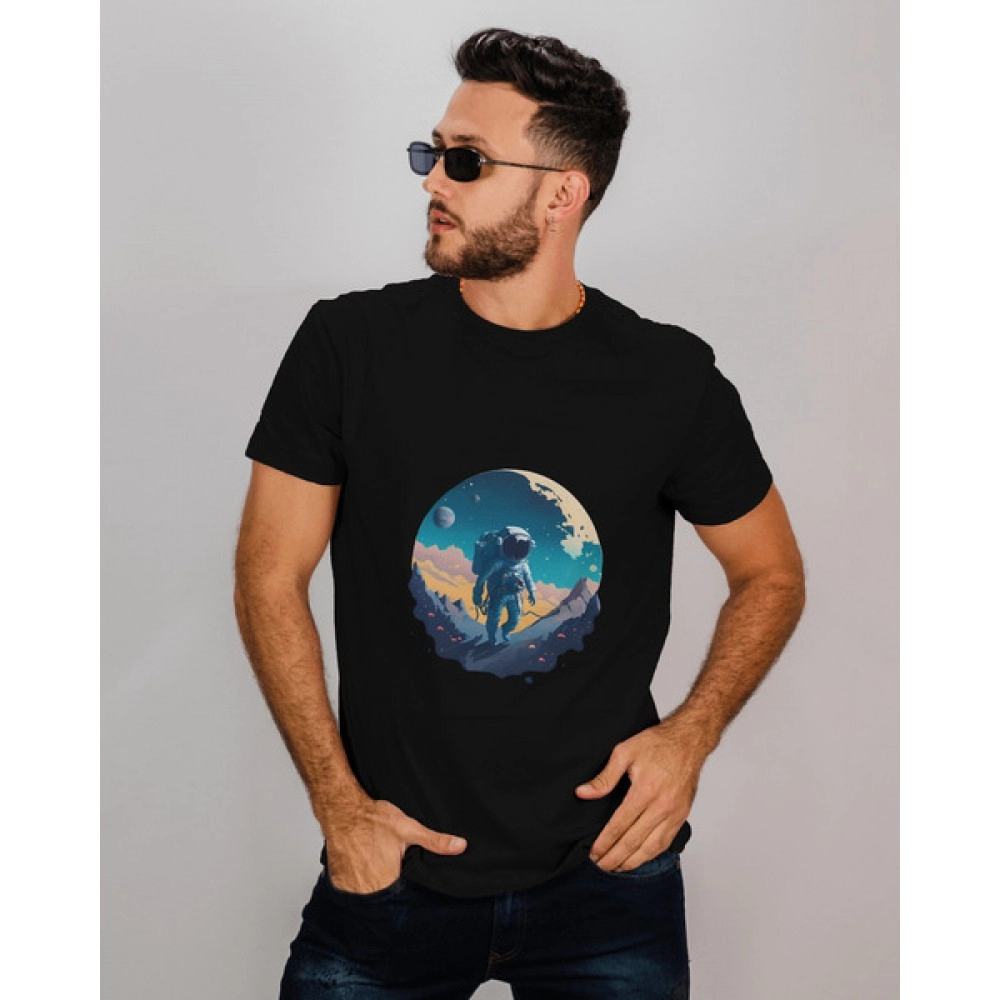 Surfing In Space | SABEZY ESSENTIALS Cotton Regular Men's T-Shirt | Black