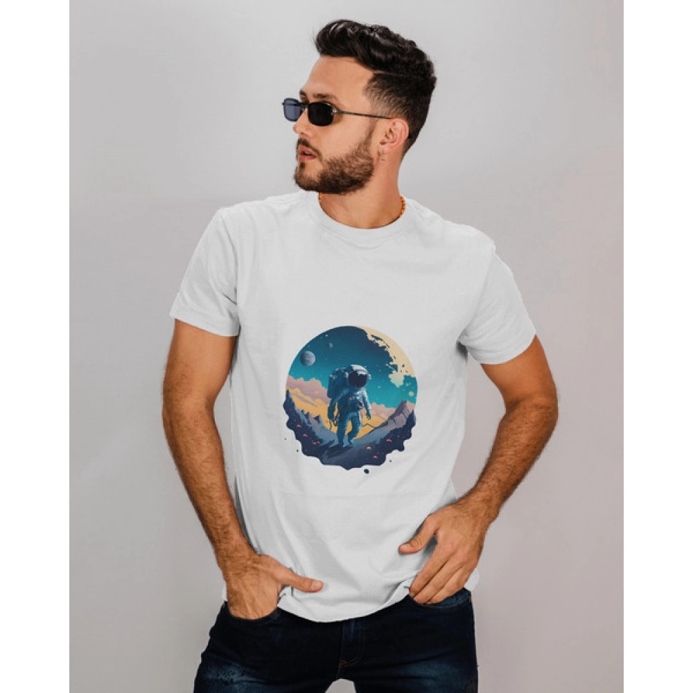 Surfing In Space | SABEZY ESSENTIALS Cotton Regular Men's T-Shirt | White