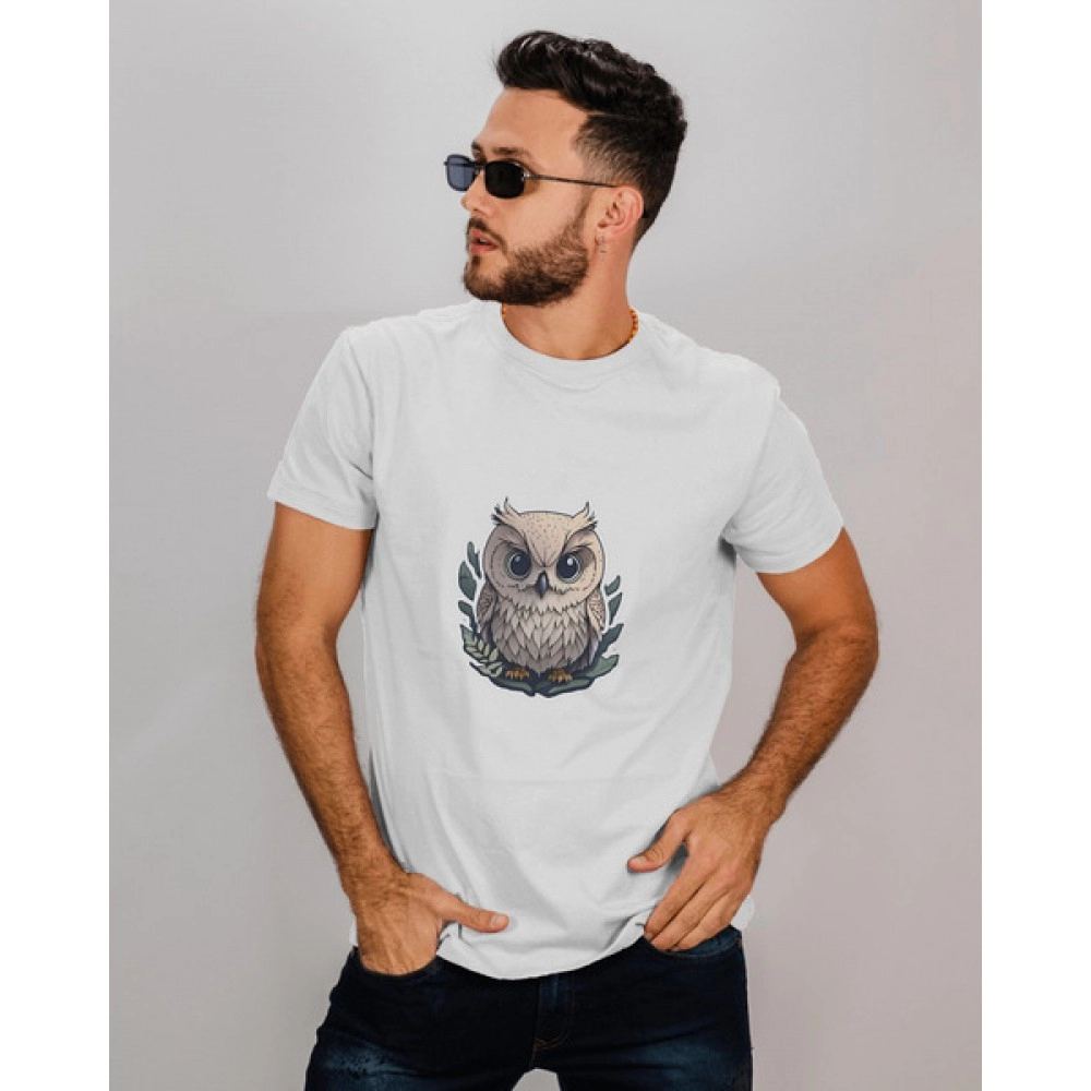 Tiny Owl | SABEZY ESSENTIALS Cotton Regular Men's T-Shirt | White