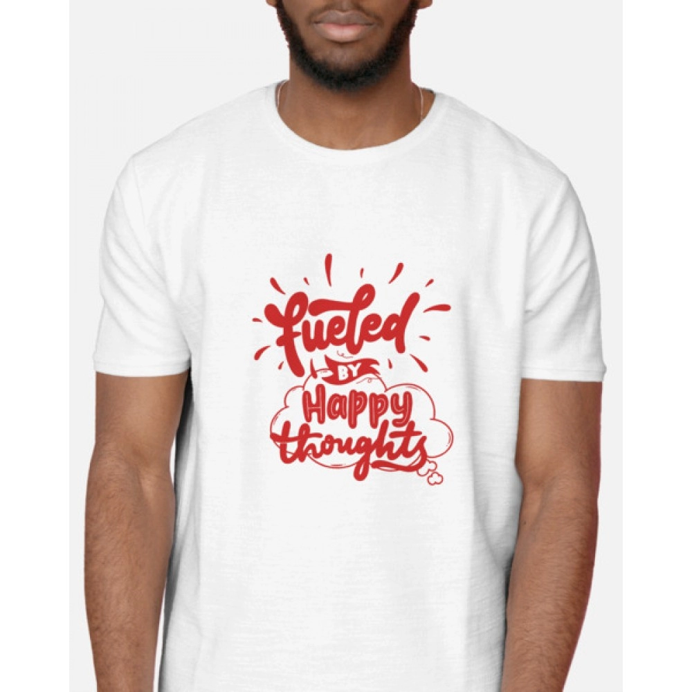 Fueled With Happy Thoughts | SABEZY ESSENTIALS Cotton Regular Men's T-Shirt | White
