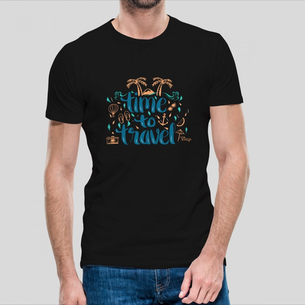 Time To Travel | Mens Printed 100% Cotton Black T-Shirt