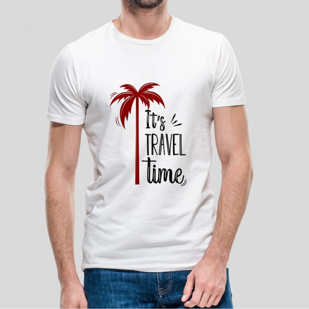 It's Travel Time | Mens Regular Fit Cotton Blend Printed White T-Shirt