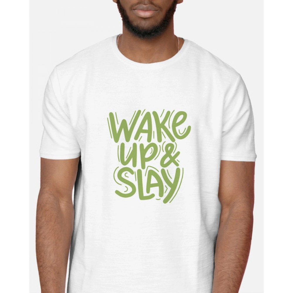Wake Up And Slay | SABEZY ESSENTIALS Cotton Regular Men's T-Shirt | White