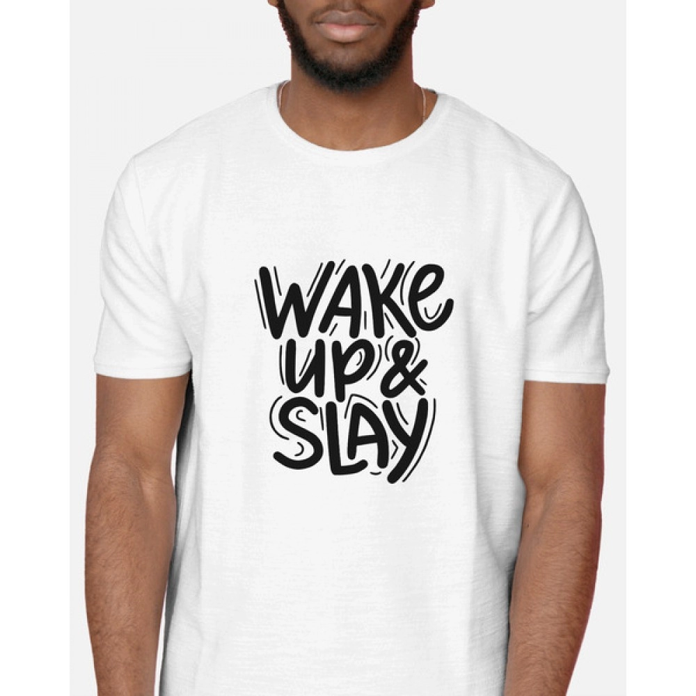 Wake Up And Slay | SABEZY ESSENTIALS Cotton Regular Men's T-Shirt | White