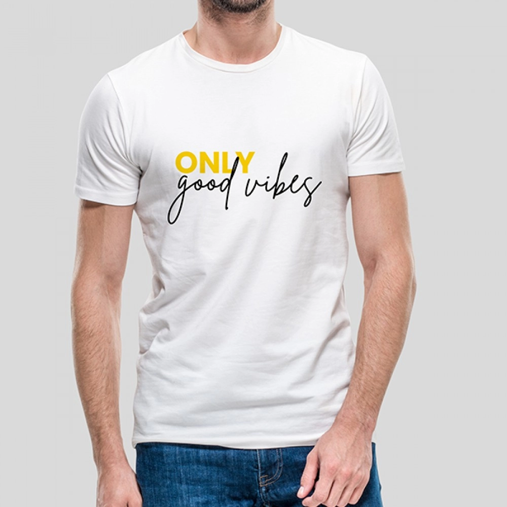 Only Good Vibes | White Round Neck T-Shirt for Men