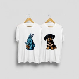 Black Dog Puppy and Blue Bunny | SABEZY ESSENTIALS Cotton Regular Men's T-Shirt | White (Pack Of 2)