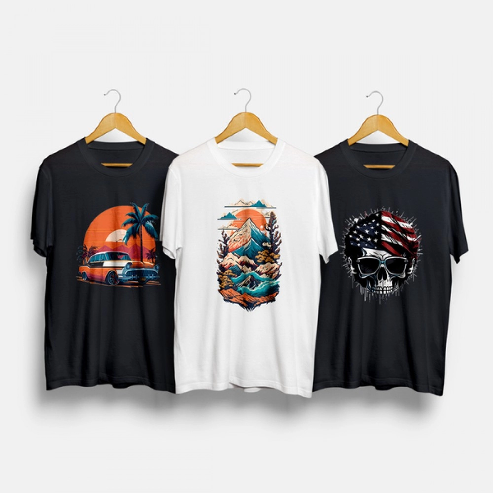 Colourful Mountains, Classic Vintage Car and Flag Skull | SABEZY ESSENTIALS Cotton Regular Men's T-Shirt | Black | White (Pack Of 3)