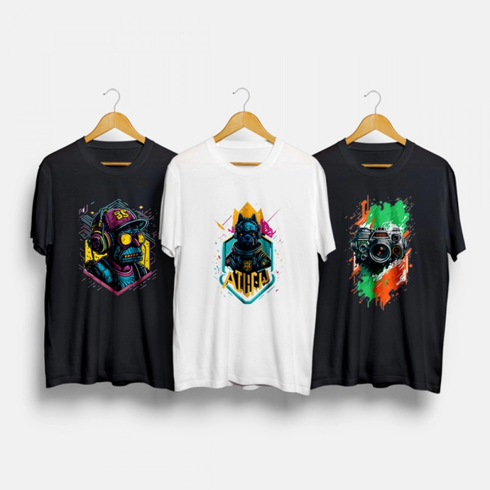 Flash Camera, Funky Monkey and Game Wolf | SABEZY ESSENTIALS Cotton Regular Women's T-Shirt | Black | White (Pack Of 3)