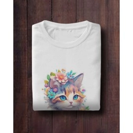 Flower Kitty | SABEZY ESSENTIALS Cotton Regular Women's T-Shirt | White