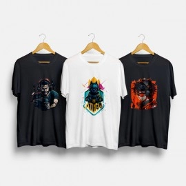 Game Wolf, GameZ and Gokuu | SABEZY ESSENTIALS Cotton Regular Men's T-Shirt | Black | White (Pack Of 3)