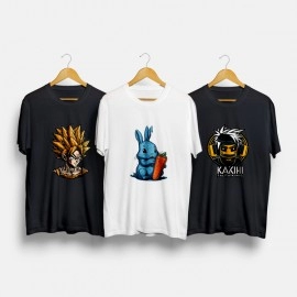 Goku, Happy Bunny and Kakashi Design | SABEZY ESSENTIALS Cotton Regular Women's T-Shirt | Black | White (Pack Of 3)