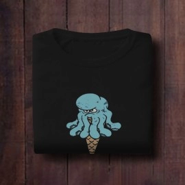 Angry Octopus Ice Cream Design | SABEZY ESSENTIALS Cotton Regular Men's T-Shirt | Black